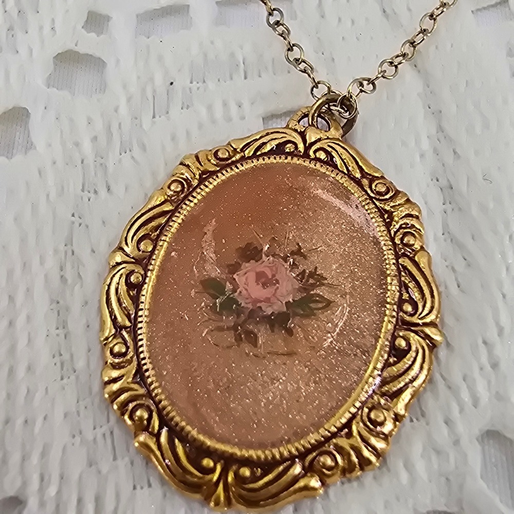 Vintage Gold Filled Rose Medallion Necklace Hand Painted Oval Pendant 1/20 12k